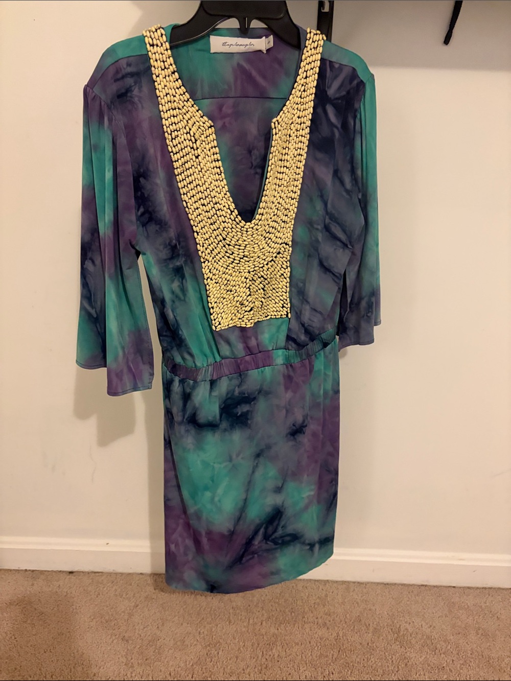 Beaded V-Neck Tie-Dye Dress in Teal & Purple